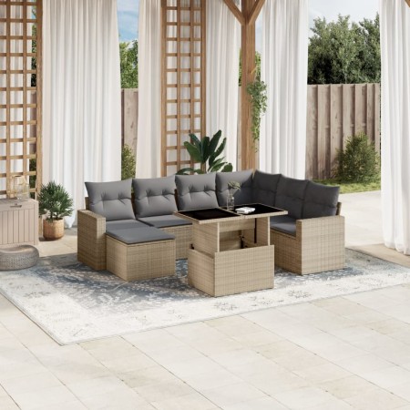 Set Divano da Giardino 8 pz con Cuscini Beige in Polyrattan