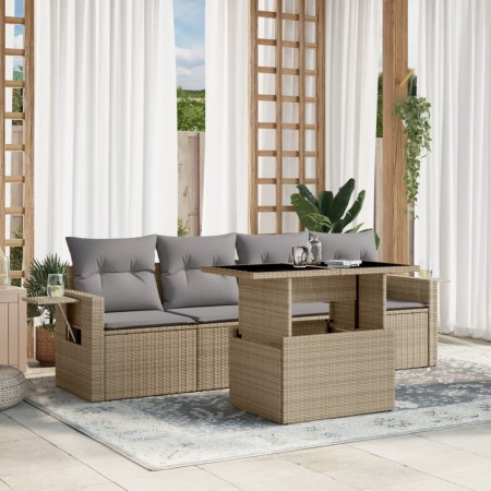 Set Divano da Giardino 5 pz con Cuscini Beige in Polyrattan