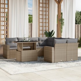 Set Divano da Giardino 9 pz con Cuscini Beige in Polyrattan