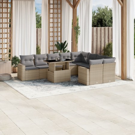 Set Divano da Giardino 10 pz con Cuscini Beige in Polyrattan