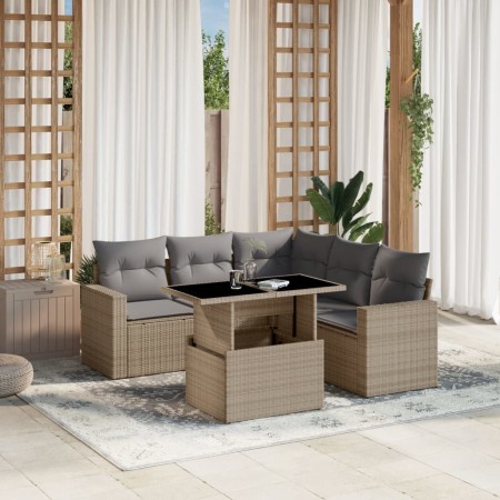 Set Divano da Giardino 6 pz con Cuscini Beige in Polyrattan