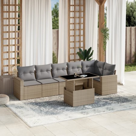 Set Divani da Giardino 7 pz con Cuscini Beige in Polyrattan