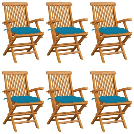 Sedie da Giardino con Cuscini Azzurri 6 pz Legno Massello Teak