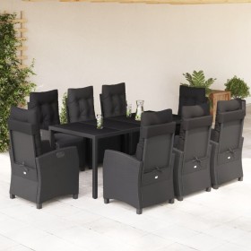 Set da Pranzo da Giardino 9 pz con Cuscini Nero in Polyrattan