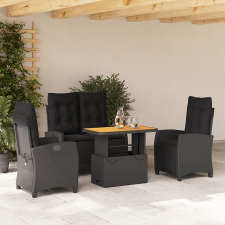 Set da Pranzo da Giardino 4 pz con Cuscini Nero in Polyrattan