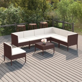 Set Divani da Giardino 8 pz con Cuscini in Polyrattan Marrone