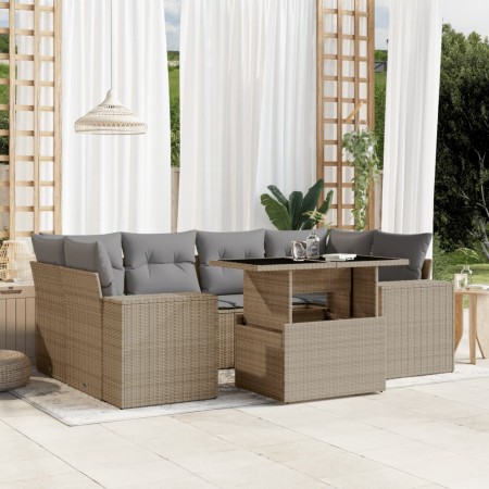 Set Divani da Giardino 7 pz con Cuscini Beige in Polyrattan