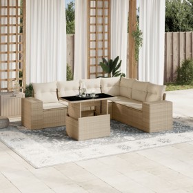 Set Divani da Giardino 7 pz con Cuscini Beige in Polyrattan