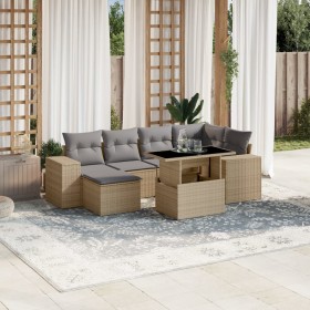 Set Divani da Giardino 7 pz con Cuscini Beige in Polyrattan