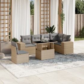 Set Divani da Giardino 7 pz con Cuscini Beige in Polyrattan