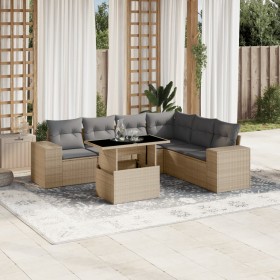 Set Divani da Giardino 7 pz con Cuscini Beige in Polyrattan