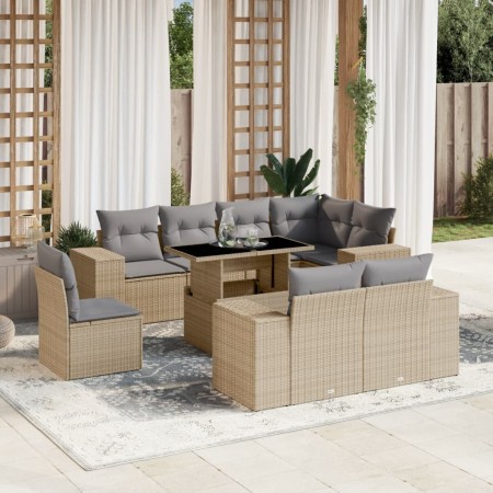 Set Divano da Giardino 9 pz con Cuscini Beige in Polyrattan