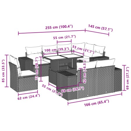 Set Divano da Giardino 9 pz con Cuscini Beige in Polyrattan