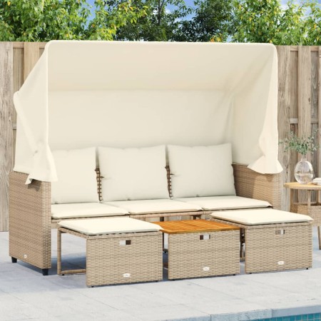 Divano Giardino 3 Posti Baldacchino e Sgabelli Beige Polyrattan