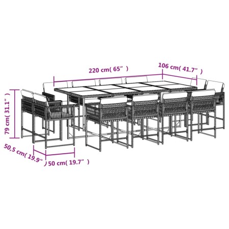 Set da Pranzo da Giardino 13pz con Cuscini Grigio in Polyrattan