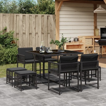 Set da Pranzo da Giardino 9 pz con Cuscini Nero in Polyrattan