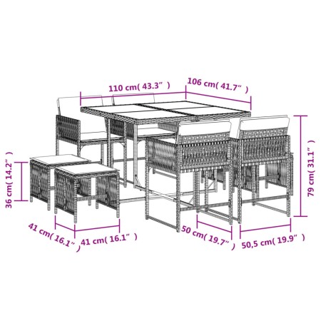 Set da Pranzo da Giardino 9 pz con Cuscini Nero in Polyrattan