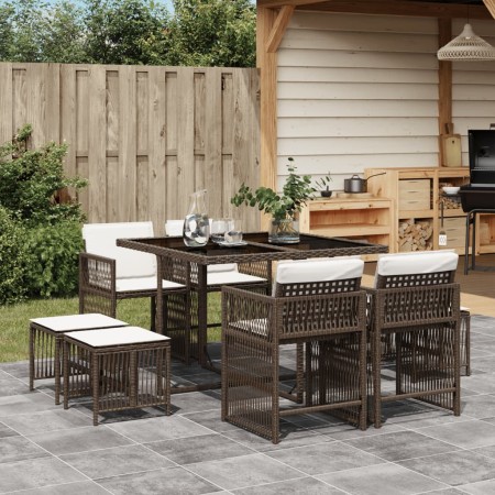 Set da Pranzo da Giardino 9pz con Cuscini Marrone in Polyrattan