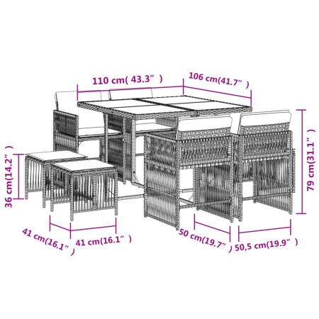 Set da Pranzo da Giardino 9pz con Cuscini Marrone in Polyrattan