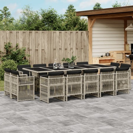 Set da Pranzo da Giardino 15 pz con Cuscini Grigio Polyrattan