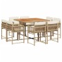 Set da Pranzo da Giardino 9 pz con Cuscini Beige in Polyrattan