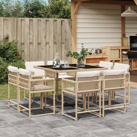 Set da Pranzo da Giardino 9 pz con Cuscini Beige in Polyrattan