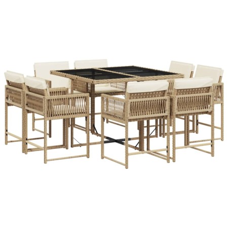 Set da Pranzo da Giardino 9 pz con Cuscini Beige in Polyrattan