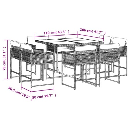 Set da Pranzo da Giardino 9 pz con Cuscini Beige in Polyrattan