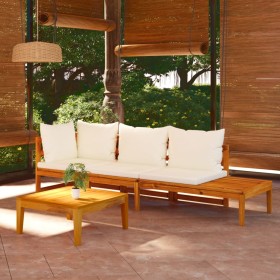 Set Divani Giardino 3 pz Cuscini Bianco Crema in Legno d'Acacia