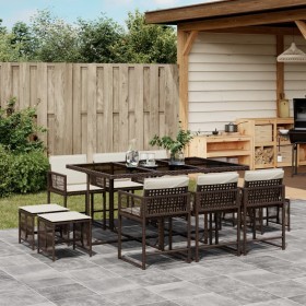 Set da Pranzo da Giardino 11 pz con Cuscini Polyrattan Marrone