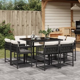 Set da Pranzo da Giardino 9 pz con Cuscini Nero in Polyrattan