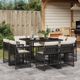 Set da Pranzo da Giardino 9 pz con Cuscini Nero in Polyrattan