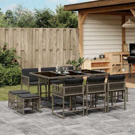 Set da Pranzo da Giardino 11pz con Cuscini in Polyrattan Grigio