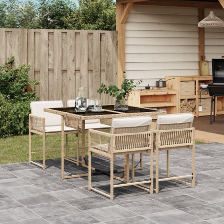 Set da Pranzo da Giardino 5 pz con Cuscini Beige in Polyrattan