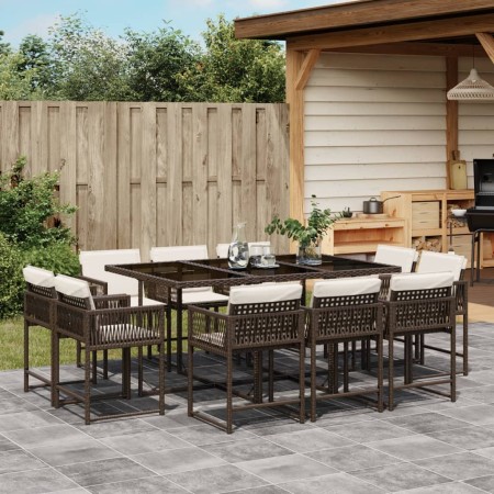 Set da Pranzo da Giardino 11 pz con Cuscini Polyrattan Marrone