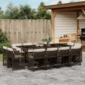 Set da Pranzo da Giardino 13pz con Cuscini Marrone Polyrattan