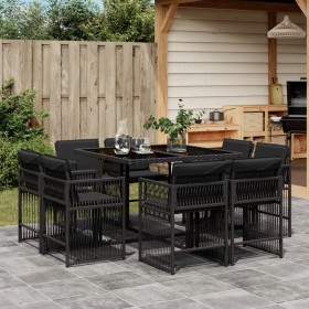 Set da Pranzo da Giardino 9 pz con Cuscini Nero in Polyrattan