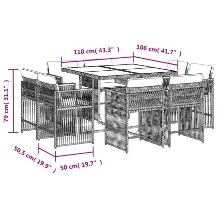 Set da Pranzo da Giardino 9 pz con Cuscini Nero in Polyrattan