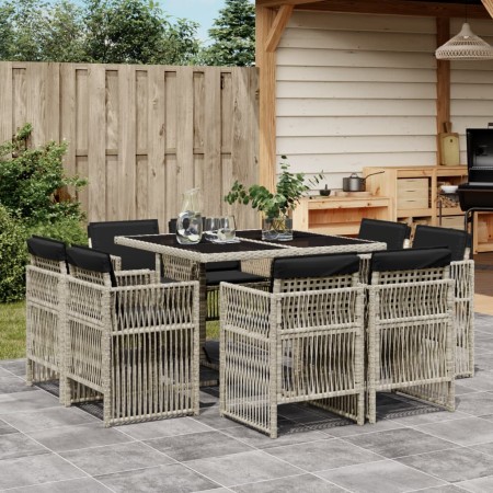 Set Pranzo da Giardino 9pz con Cuscini Grigio Chiaro Polyrattan