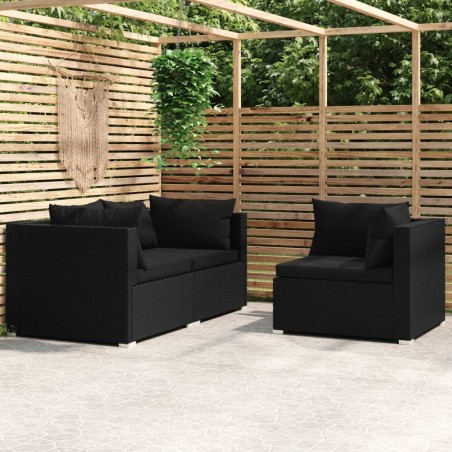 Set Divani da Giardino 3 pz con Cuscini in Polyrattan Nero