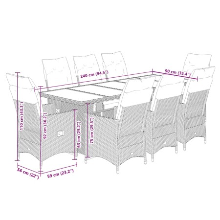 Set Bistrò da Giardino 9 pz con Cuscini in Polyrattan Grigio