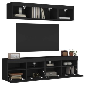 Mobili TV a Muro con LED 5pz Neri in Legno Multistrato