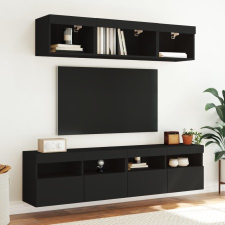 Mobili TV a Muro con LED 5pz Neri in Legno Multistrato