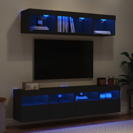 Mobili TV a Muro con LED 5pz Neri in Legno Multistrato