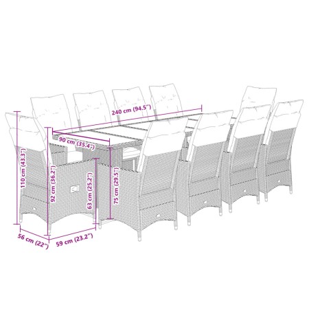 Set Bistrò da Giardino 11 pz con Cuscini in Polyrattan Marrone