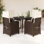 Set da Pranzo da Giardino 5pz con Cuscini in Polyrattan Marrone