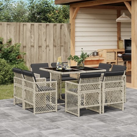 Set Pranzo da Giardino 9pz con Cuscini Grigio Chiaro Polyrattan