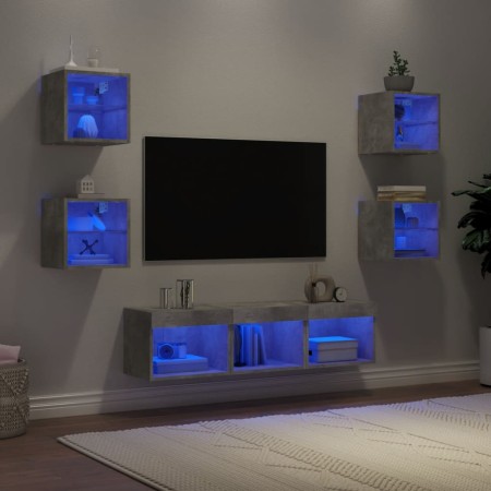 Mobili TV a Muro con LED 7pz Grigio Cemento Legno Multistrato