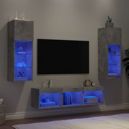 Mobili TV a Muro con LED 5pz Grigio Cemento Legno Multistrato