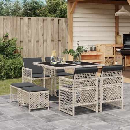 Set Pranzo da Giardino 9pz con Cuscini Grigio Chiaro Polyrattan